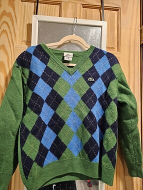 Lacoste Green, Blue & Navy Argyle V-Neck Sweater